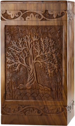 Handcarved Wooden Cremation Urn – Tree of Life – Suitable for Adult Men & Women – 250lbs