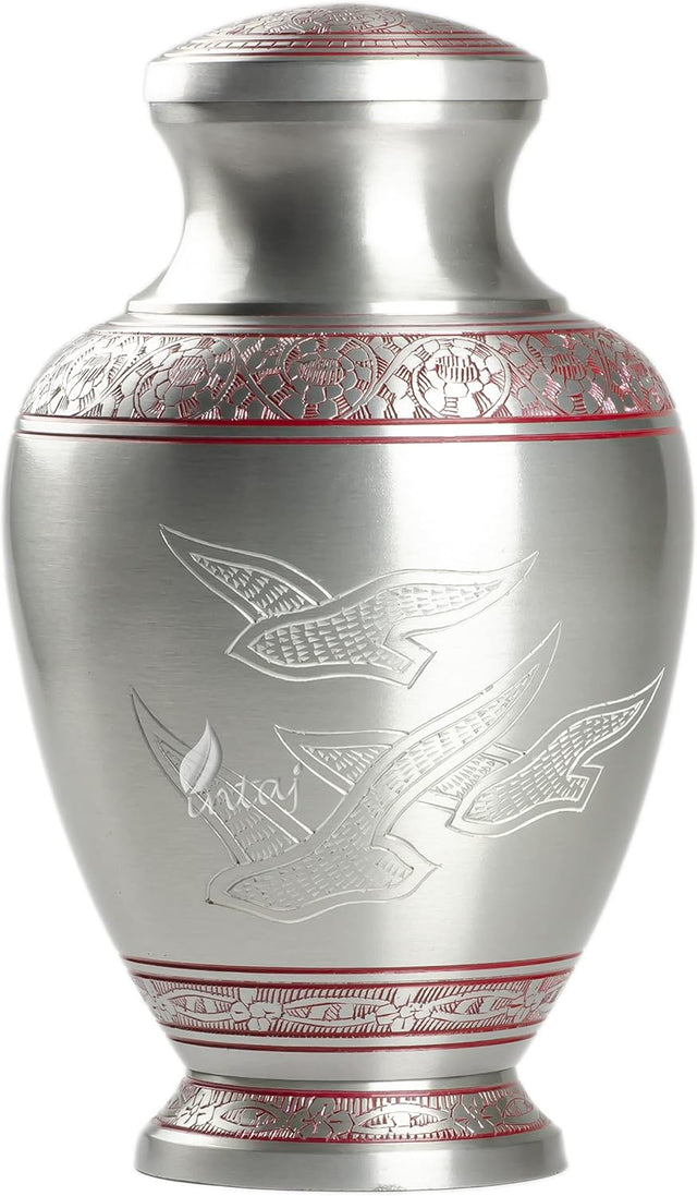 Handcrafted Cremation Urn – Arcadia Red Design in Royal Silver – Suitable for Adult Men & Women, Mom & Dad