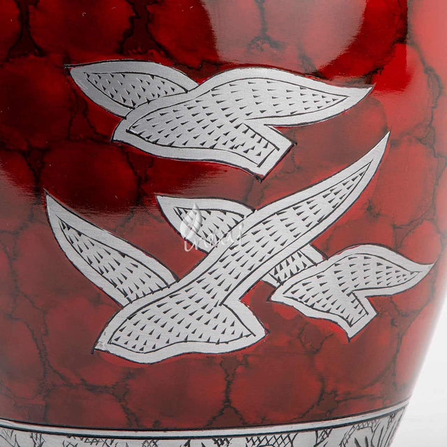Handcrafted Silver Cremation Urn – Royal Wings Red Design – Suitable for Adult Men & Women, Mom & Dad