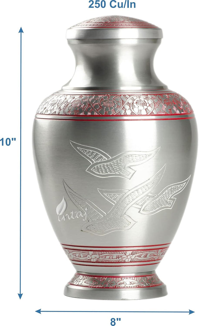 Handcrafted Cremation Urn – Arcadia Red Design in Royal Silver – Suitable for Adult Men & Women, Mom & Dad