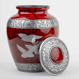 Handcrafted Silver Cremation Urn – Royal Wings Red Design – Suitable for Adult Men & Women, Mom & Dad