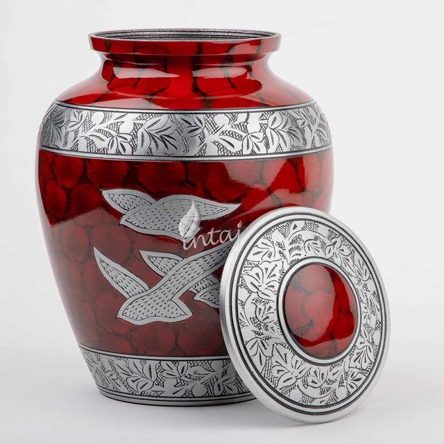 Handcrafted Silver Cremation Urn – Royal Wings Red Design – Suitable for Adult Men & Women, Mom & Dad
