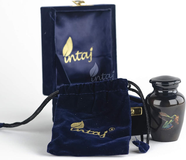 INTAJ Keepsake Cremation Urns, Small Funeral Urns for Human Ashes with Velvet Box and Velvet Bags - Mini Urn for Sharing Ashes (Rare Dove on Black, Keepsake - 1 Unit)