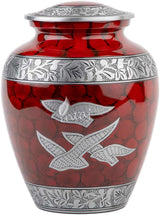Handcrafted Silver Cremation Urn – Royal Wings Red Design – Suitable for Adult Men & Women, Mom & Dad
