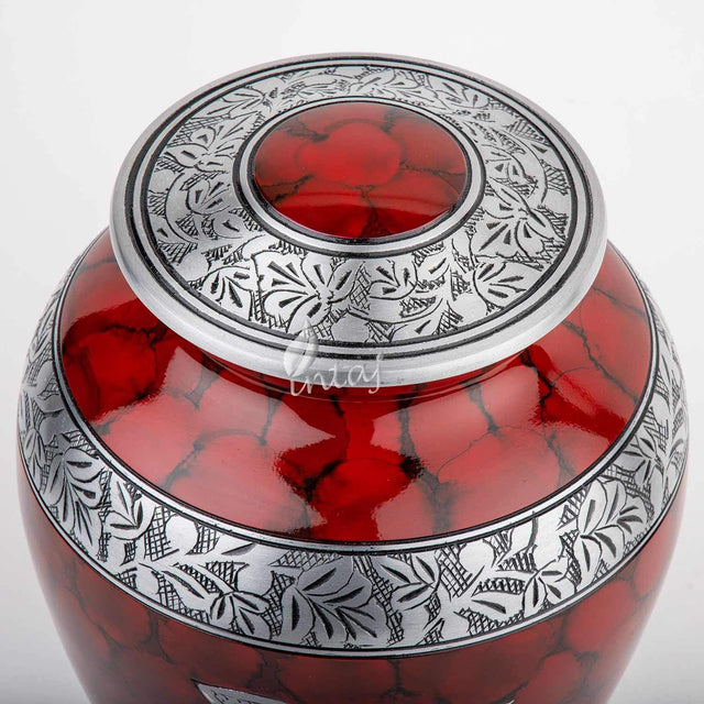 Handcrafted Silver Cremation Urn – Royal Wings Red Design – Suitable for Adult Men & Women, Mom & Dad