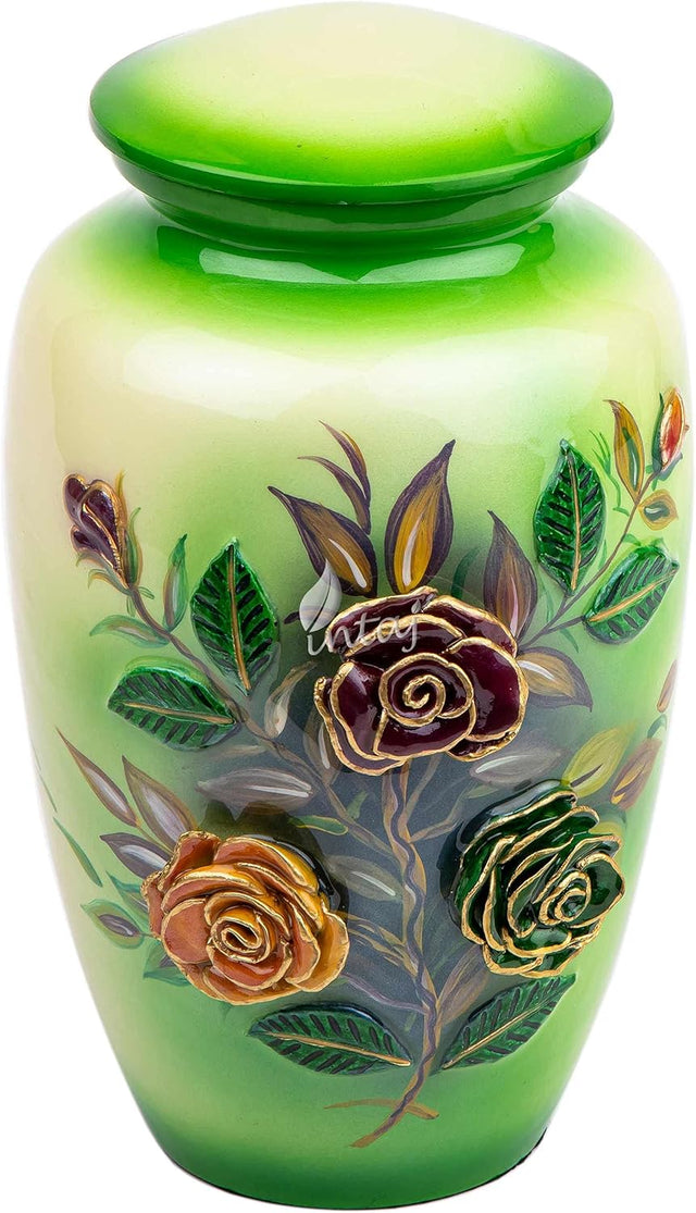 Handcrafted Floral Cremation Urn – Olive Green Rose Design – Suitable for Adult Men & Women