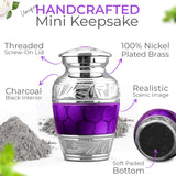INTAJ Small Urns for Human Ashes Keepsake - Cremation Urns for for Men Women with Velvet Heart Case - Beautiful Brass Engraved Mini Urn Peaceful Dark Purple Decorative Urn