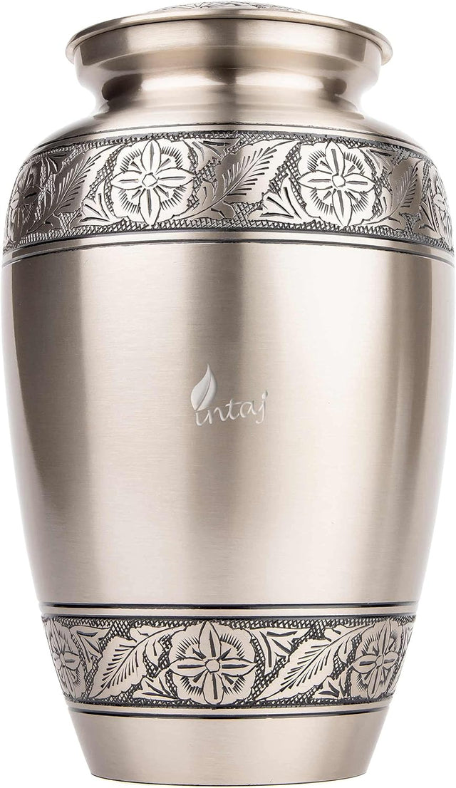 INTAJ Brass Cremation Urn for Human Ashes Adult Urn - Decorative Urns for Ashes Handcrafted, Large Burial Urn for Adult Ashes up to 250lbs (Adult 200-250lbs, Pewter)