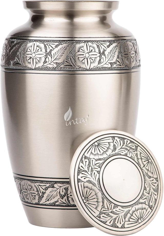 INTAJ Brass Cremation Urn for Human Ashes Adult Urn - Decorative Urns for Ashes Handcrafted, Large Burial Urn for Adult Ashes up to 250lbs (Adult 200-250lbs, Pewter)