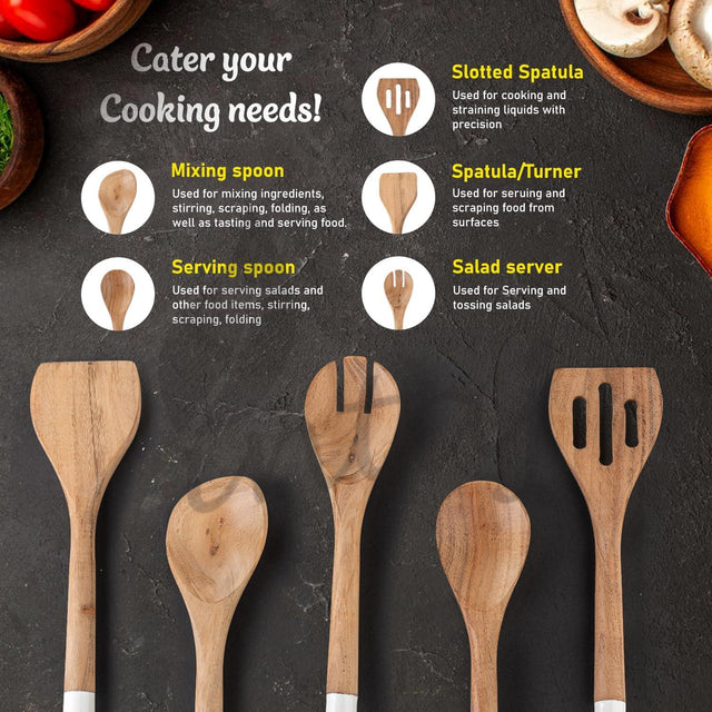 Handcrafted Teak Wooden Cooking Spoons – Ergonomic Stirring, Mixing, Scraping & Serving – Ideal for Nonstick, Cast Iron & Ceramic Cookware – Suitable for Everyday Use – 5 Piece Kitchen Utensils Set