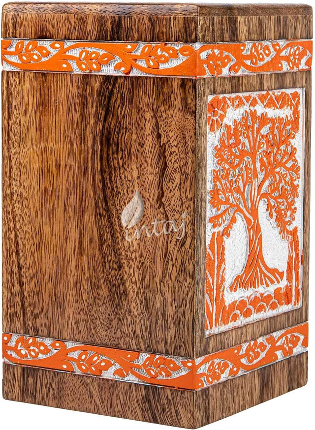 INTAJ Handmade Wooden Urn for Human Ashes - Adult Tree of Life Wooden Urns Hand-Crafted - Funeral Cremation Urn for Dogs Engraved (Carrot White, Medium - 9.5Hx5.5W (180 Cu/in))