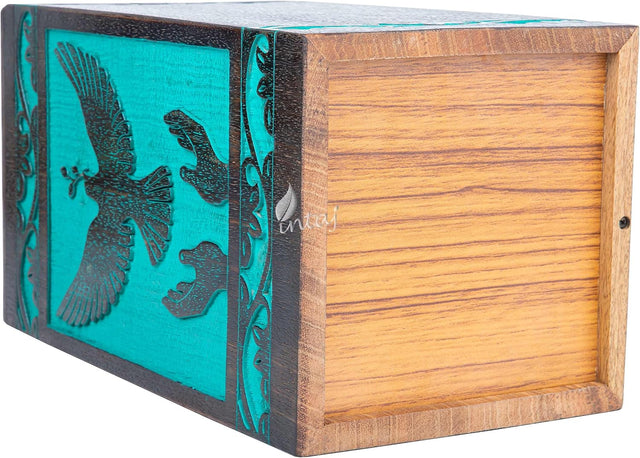 INTAJ Handmade Rosewood Urn for Human Ashes, Peaceful Bird Wooden Urns for Ashes Hand-Crafted, Funeral Cremation Urn, Pet Dog Urns for Ashes (Teal Gree, XS - 5Hx3W (20 Cu/in))