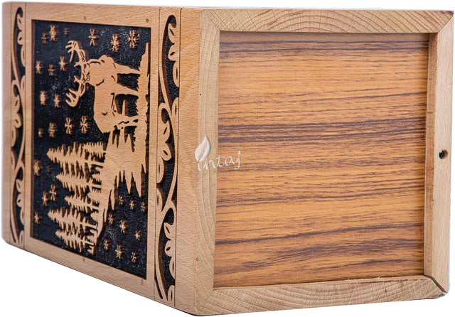 INTAJ Wooden Cremation Urn for Human Ashes, Adult Deer Rosewood Pet Urns for Dogs Ashes, Deer Carved Funeral Urn Hand-Crafted (Medium - 9.5Hx5.5W (180 Cu/in), Beechwood)