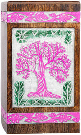 INTAJ Handmade Wooden Urn for Human Ashes - Adult Tree of Life Wooden Urns Hand-Crafted - Funeral Cremation Urn for Dogs Engraved (Fuchsia White, Small - 8Hx4.75W (115 Cu/in))