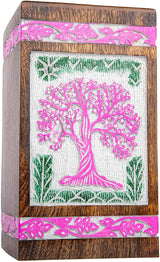 INTAJ Handmade Wooden Urn for Human Ashes - Adult Tree of Life Wooden Urns Hand-Crafted - Funeral Cremation Urn for Dogs Engraved (Fuchsia White, Medium - 9.5Hx5.5W (180 Cu/in))