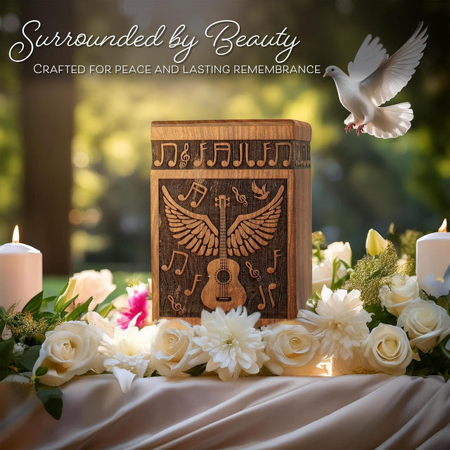 Handcarved Wooden Cremation Urn – Wings of Angel and Musical Notes Design in Rosewood – Suitable for Adult Men & Women, Mom & Dad – 115lbs Capacity