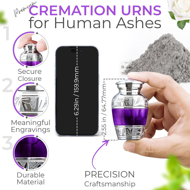 INTAJ Small Urns for Human Ashes Keepsake - Cremation Urns for for Men Women with Velvet Heart Case - Beautiful Brass Engraved Mini Urn Peaceful Dark Purple Decorative Urn