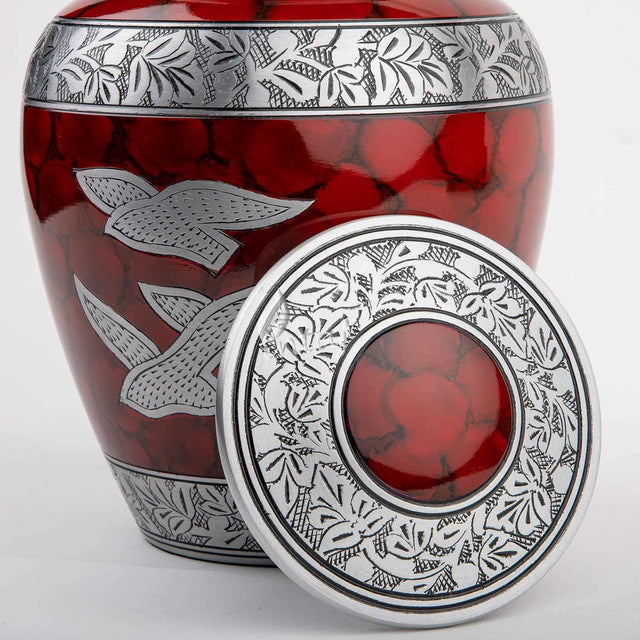 Handcrafted Silver Cremation Urn – Royal Wings Red Design – Suitable for Adult Men & Women, Mom & Dad