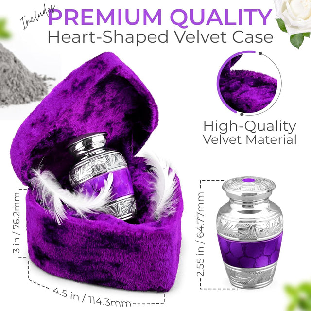 INTAJ Small Urns for Human Ashes Keepsake - Cremation Urns for for Men Women with Velvet Heart Case - Beautiful Brass Engraved Mini Urn Peaceful Dark Purple Decorative Urn