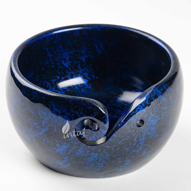 Handmade Large Wooden Yarn Bowl for Knitting Crochet Perfect Yarn Holder Rosewood Bowl for Mothers Day Christmas Gift (Large - 6x4, Blue Patch)