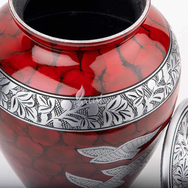 Handcrafted Silver Cremation Urn – Royal Wings Red Design – Suitable for Adult Men & Women, Mom & Dad