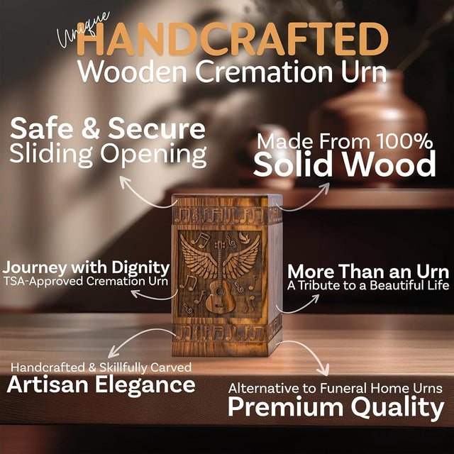 Handcarved Wooden Cremation Urn – Angel Wings Guitar Design in Rosewood – Suitable for Adult Men & Women, Mom & Dad – 20 Cu/in Keepsake Capacity