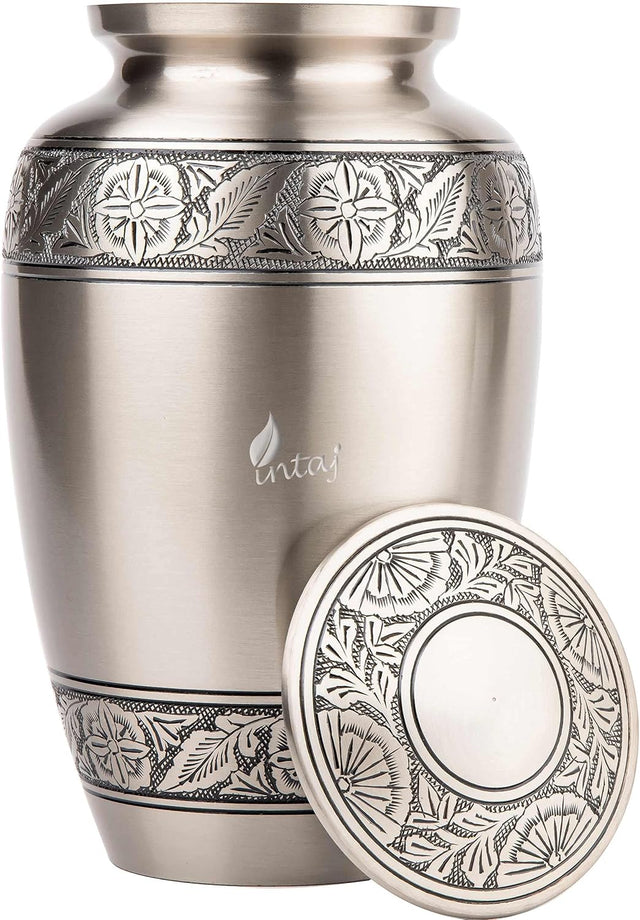 INTAJ Brass Cremation Urn for Human Ashes Adult Urn - Decorative Urns for Ashes Handcrafted, Large Burial Urn for Adult Ashes up to 250lbs (Adult 200-250lbs, Pewter)
