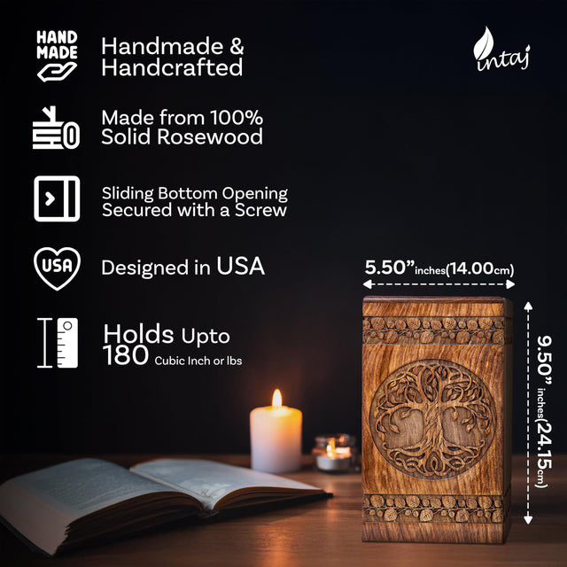 Hand-Carved Wooden Cremation Urn – Tree of Life – Suitable for Adult Male & Female – 250lbs