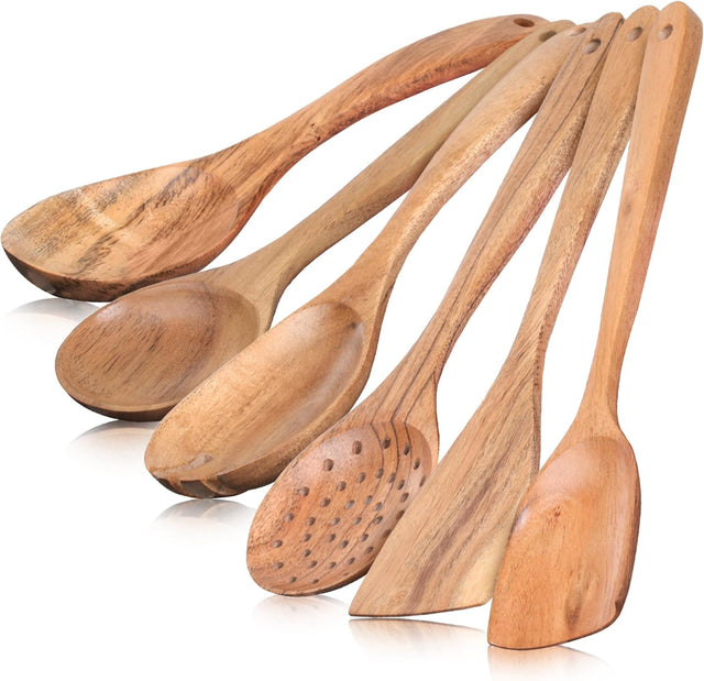 INTAJ Premium Teak Wooden Spoons for Cooking – 6-Piece Kitchen Utensils Set, Durable & Nonstick Safe, Eco-Friendly,Ergonomic Stir, Mix, Scrape & Serve – Ideal for Nonstick,Cast Iron & Ceramic Cookware