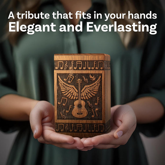 Handcarved Wooden Cremation Urn – Wings of Angel and Musical Notes Design in Rosewood – Suitable for Adult Men & Women, Mom & Dad – 115lbs Capacity