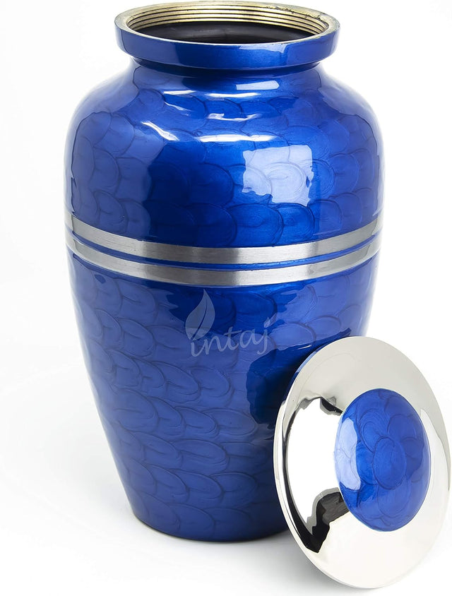 Handcrafted Cremation Urn – Blue Feather Design in Cloud Blue & Silver – Suitable for Adult Men & Women – 200lbs Capacity