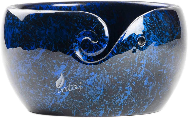 Handmade Large Wooden Yarn Bowl for Knitting Crochet Perfect Yarn Holder Rosewood Bowl for Mothers Day Christmas Gift (Large - 6x4, Blue Patch)