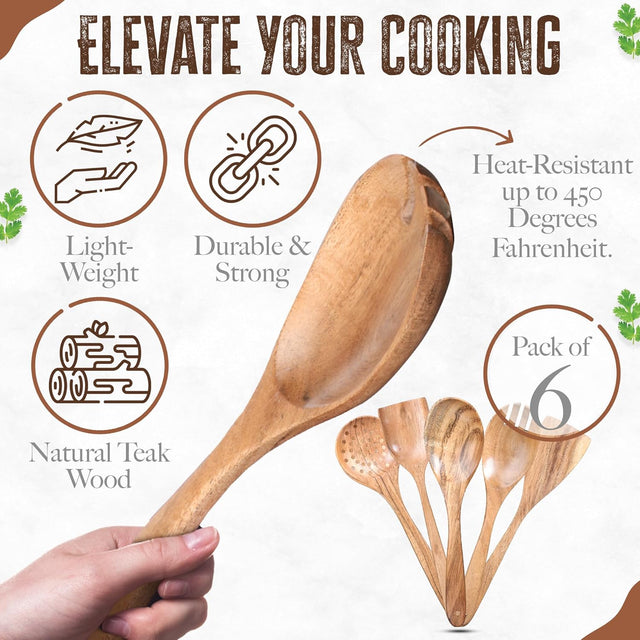 INTAJ Premium Teak Wooden Spoons for Cooking – 6-Piece Kitchen Utensils Set, Durable & Nonstick Safe, Eco-Friendly,Ergonomic Stir, Mix, Scrape & Serve – Ideal for Nonstick,Cast Iron & Ceramic Cookware
