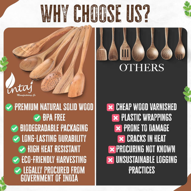 INTAJ Premium Teak Wooden Spoons for Cooking – 6-Piece Kitchen Utensils Set, Durable & Nonstick Safe, Eco-Friendly,Ergonomic Stir, Mix, Scrape & Serve – Ideal for Nonstick,Cast Iron & Ceramic Cookware