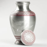 Handcrafted Cremation Urn – Arcadia Red Design in Royal Silver – Suitable for Adult Men & Women, Mom & Dad