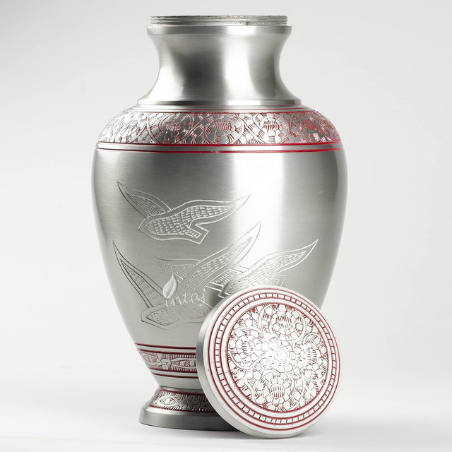 Handcrafted Cremation Urn – Arcadia Red Design in Royal Silver – Suitable for Adult Men & Women, Mom & Dad