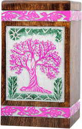 INTAJ Handmade Wooden Urn for Human Ashes - Adult Tree of Life Wooden Urns Hand-Crafted - Funeral Cremation Urn for Dogs Engraved (Fuchsia White, Medium - 9.5Hx5.5W (180 Cu/in))