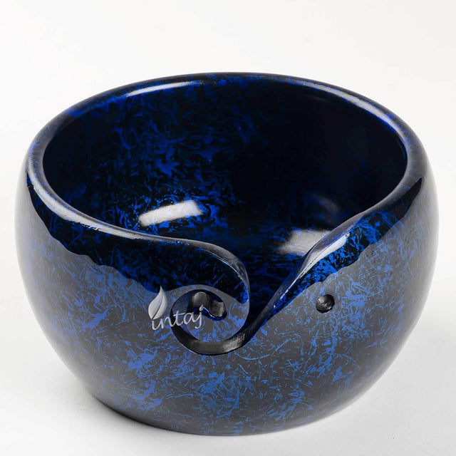 Handmade Large Wooden Yarn Bowl for Knitting Crochet Perfect Yarn Holder Rosewood Bowl for Mothers Day Christmas Gift (Large - 6x4, Blue Patch)