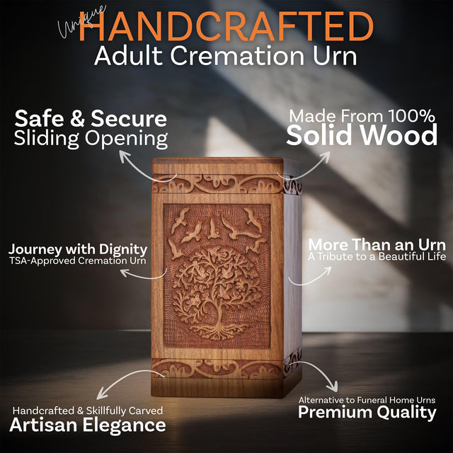 Tree of Life Wooden Urn – Suitable for Men, Women, Mom & Dad – 20lbs Capacity – Mini Rosewood Keepsake Cremation Urn