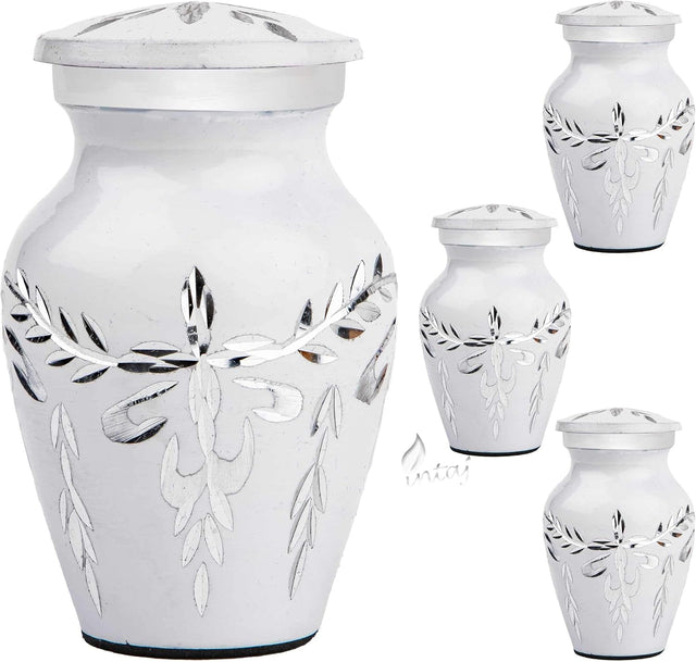 INTAJ Cremation Urns for Human Ashes - Adult Male Funeral Urn Handcrafted - Diamond Cut Affordable Urn for Ashes Engrave - Large Burial Urn Deal (White Daisy, Small Set of 4)