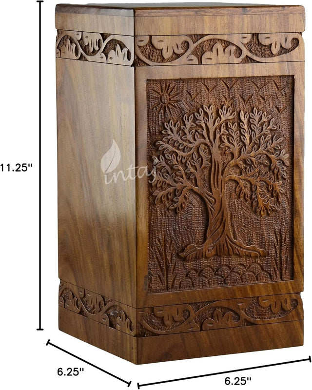 Handcarved Wooden Cremation Urn – Tree of Life Design – Suitable for Adult Men & Women, Mom & Dad – 250lbs Capacity