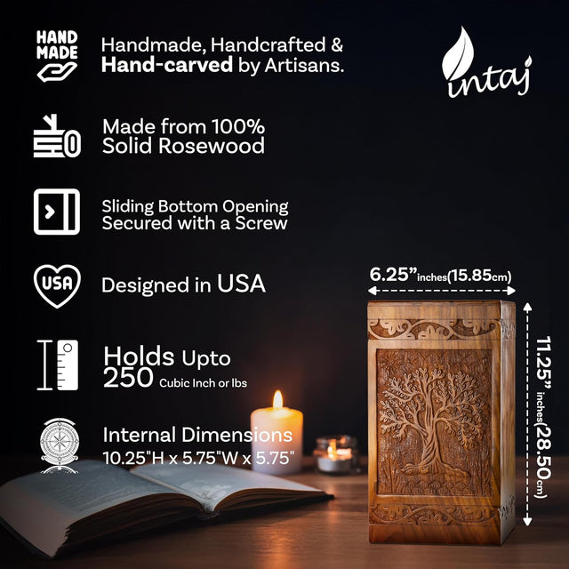 Handcarved Wooden Cremation Urn – Tree of Life Design – Suitable for Adult Men & Women, Mom & Dad – 250lbs Capacity
