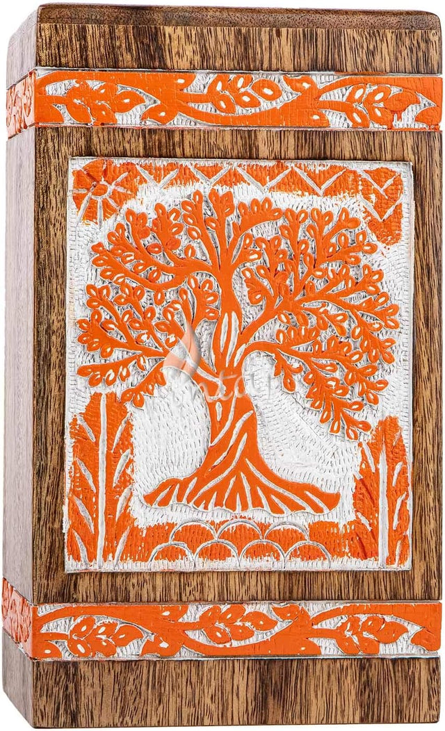 INTAJ Handmade Wooden Urn for Human Ashes - Adult Tree of Life Wooden Urns Hand-Crafted - Funeral Cremation Urn for Dogs Engraved (Carrot White, Small - 8Hx4.75W (115 Cu/in))