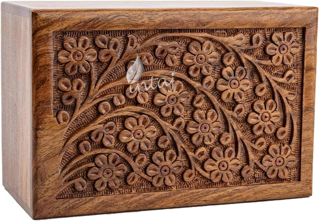 Handcarved Wooden Cremation Urn – Tree of Life Design – Suitable for Small Keepsake Ashes – 14lbs Capacity