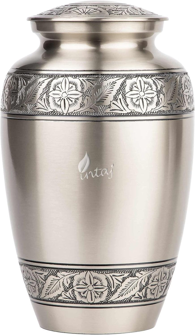 INTAJ Brass Cremation Urn for Human Ashes Adult Urn - Decorative Urns for Ashes Handcrafted, Large Burial Urn for Adult Ashes up to 250lbs (Adult 200-250lbs, Pewter)