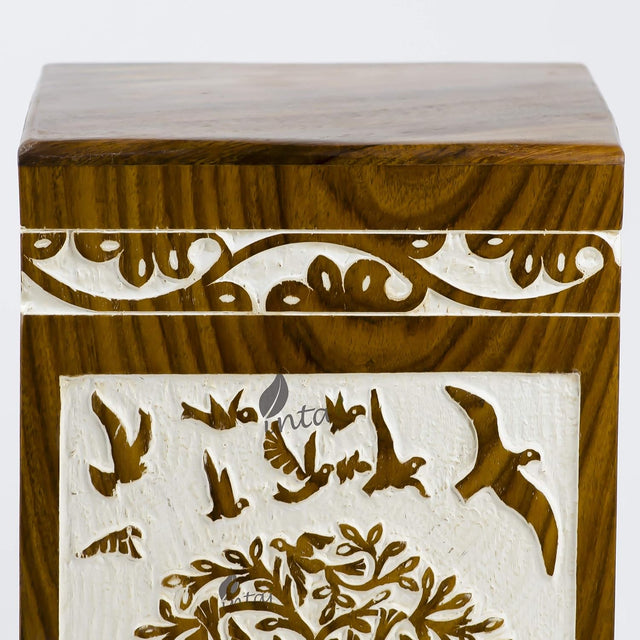 Handmade Rosewood Urn for Human Ashes | Tree of Life Wooden Urns Hand-Crafted - Funeral Cremation Urn for Ashes (Antique Bird Tree, Keepsake - 100 Cu/in)