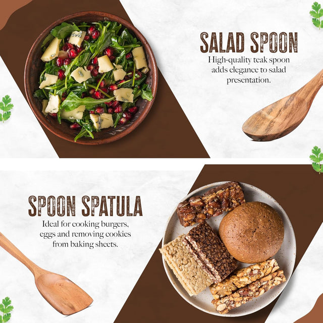 INTAJ Premium Teak Wooden Spoons for Cooking – 6-Piece Kitchen Utensils Set, Durable & Nonstick Safe, Eco-Friendly,Ergonomic Stir, Mix, Scrape & Serve – Ideal for Nonstick,Cast Iron & Ceramic Cookware