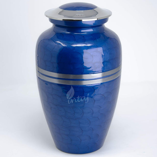 Handcrafted Cremation Urn – Blue Feather Design in Cloud Blue & Silver – Suitable for Adult Men & Women – 200lbs Capacity