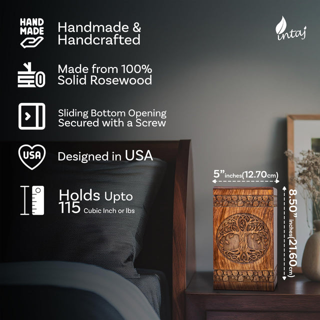 Hand-Carved Wooden Cremation Urn – Tree of Life – Suitable for Adult Male & Female – 250lbs