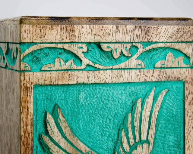 Handcarved Wooden Cremation Urn – Teal Green Rosewood Design – Suitable for Adult Men & Women, Mom & Dad – 118 Cu/in Capacity